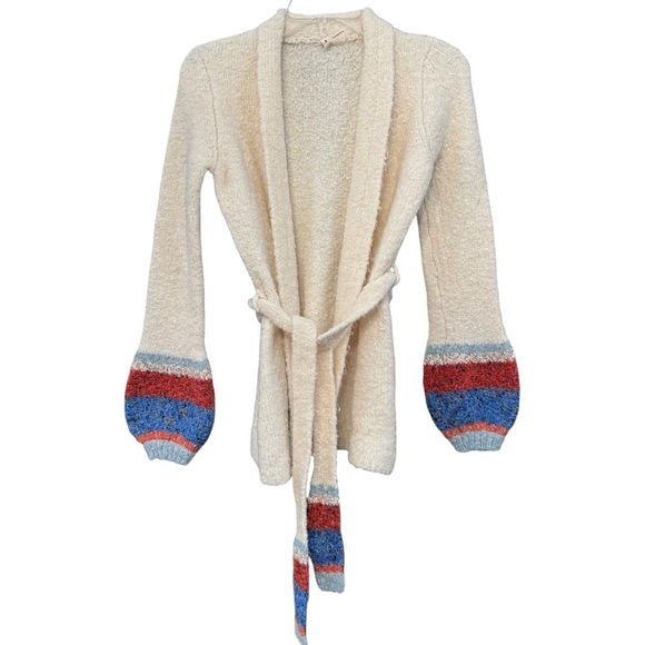 Moth Anthropologie Ivory Cardigan XS Striped Balloon Sleeve Belted - Picture 1 of 5